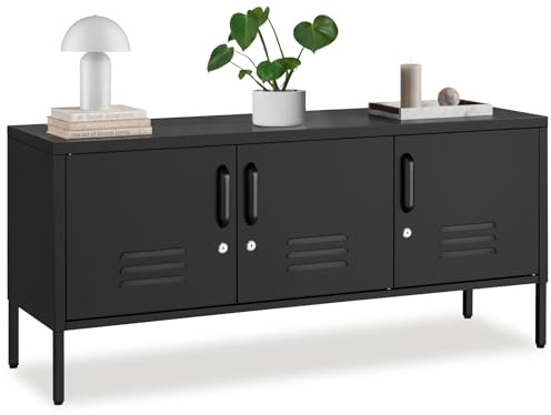 tectake® Metall Sideboard, 120x37,5x55,5cm, mit Magnetverschluss, 3 Türen abschließbar, Verstellbarer Boden, Kommode mit Kabelführung, Anrichte, Kippschutz, Aufbewahrung, Schrank, Stauraum - schwarz