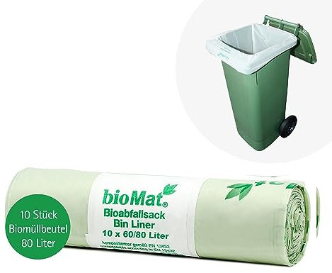 bioMat Sacchetti per la Spazzatura 80 l Compostabili, 10 Sacchi per Bidone dell’Umido, Bidone per Rifiuti Residui, Qualità Premium, Beutrali dal Punto di Vista Climatico, Made in Germany