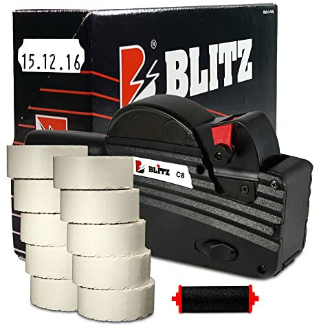 Preisauszeichner Set Blitz C8 inkl. 10 Rollen 26x12 Preisetiketten - weiss permanent + 1 Farbrolle | MHD Datumsauszeichner | HUTNER