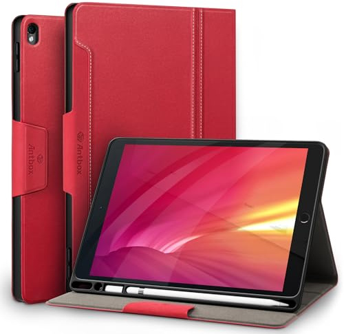 Antbox Funda para iPad Air 3.ª Generación 2019/ iPad Pro 10,5 Pulgadas con Portalápiz, Ángulo de Pie Ajustable, Función de Auto-Sueño/Estela, Piel Sintétic (Rojo)