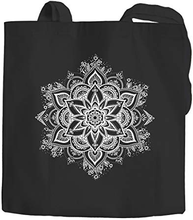 Autiga Jutebeutel Mandala Ornament Bohemian Boho Ethno Baumwolltasche Stoffbeutel Tragetasche schwarz 2 lange Henkel