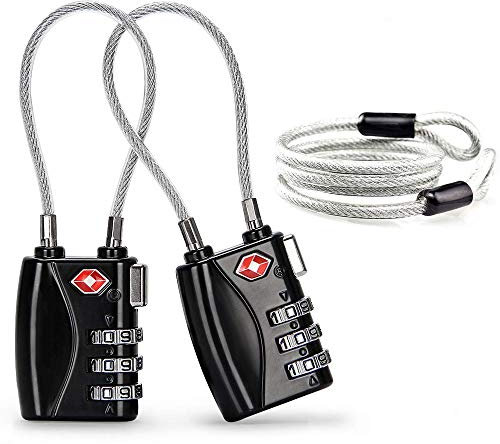 Newace TSA Cadenas de Sécurité Cadenas à Code 3 Chiffres Cadenas à Bagages de Valise avec Câble en Acier (2 Pièces,Noir), Corps en Alliage, Cadrans Faciles à Lire