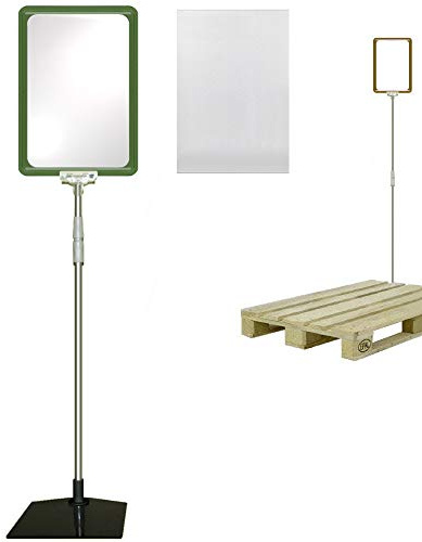 Plakatständer DIN A4 Rahmen grün mit U-Tasche, Teleskopständer höhenverstellbar bis 1510 mm mit Teleskoprohr ALU Kunststoff, Fuß eckig 160x192 mm Stahl schwarz, Kundenstopper, Aufsteller für Paletten