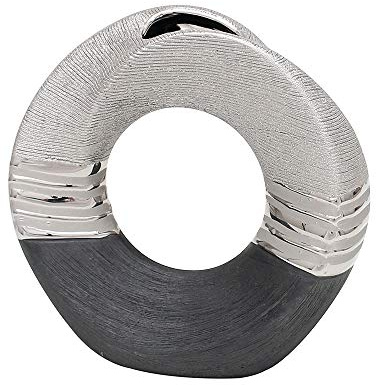 Edle Moderne Deko Designer Keramik Vase rund geschwungen mit Loch in Silber-grau. Maße L/B/H: 18 x 7 x 19 cm.