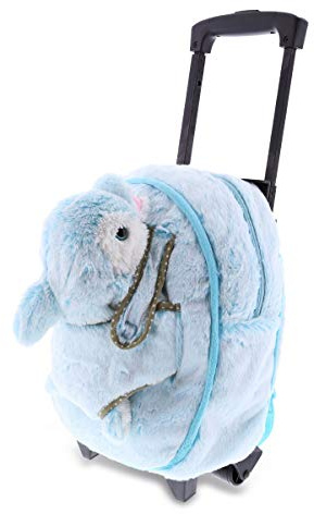 DolliBu Dolphin Plush Trolley and Purse Set - 3-in-1 Kids Trolley, Backpack, Blue Dolphin Purse, Soft Plush Backpack on Wheels, School Rolling Bag with Removable Plush Toy- 15