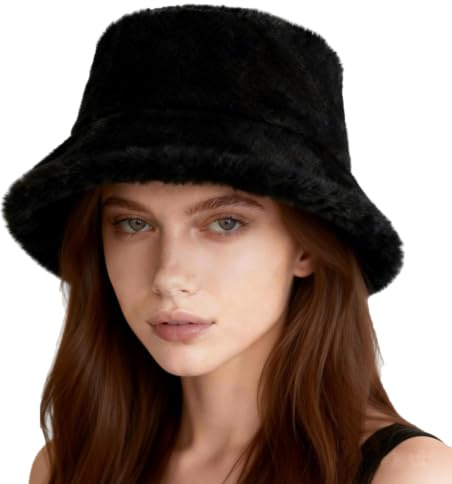 ITODA Vinter varm lurvig hinkhatt fuskpäls vinter termisk hatt brett brätte fiskarmössa mjuk plysch fluffig hatt mysig varm mössa för kvinnor flickor, Svart, one size