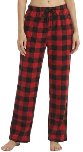YUSHOW Pantalones de Pijama para Mujer Suaves Felpa a Cuadros Largo de Invierno Ropa de Dormir y Salón Ocio con Cordón,Cuadros rojos y negros,L