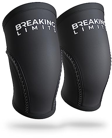 BREAKING LIMITS Kniebandagen - Kniestütze, Kniebandage für Kraftsport, Gym - Atmungsaktive Kompressionsbandage gegen Knieschmerzen/Gelenkschmerzen, aus 7 mm Neopren - 6 Größen, Schwarz/Weiß (M)