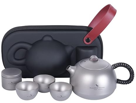 iBasingo Juego de teteras de titanio con filtro y antiquemaduras, mango y tapa, para exteriores, camping, oficina, juego de té, ultraligero, 380 ml, set de tazas para el hogar con mini caja de té