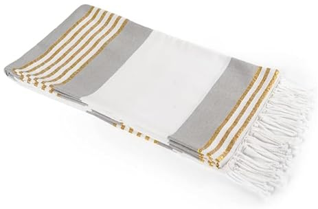 INTRECCI Telo Mare in Cotone Riciclato, Asciugamano da Spiaggia Grande con Frange, 90x170 cm, Fantasia a Righe, Morbido, Assorbente, Asciuga Rapidamente, Modello: Berenice, Grigio