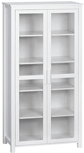 HOMCOM Küchenschrank Hochschrank Küchenbuffet mit 2 Glastüren Esszimmerschrank Vitrinenschrank mit 2 verstellbaren Innenböden Kippschutz Spanplatte Weiß 80 x 39,5 x 160 cm