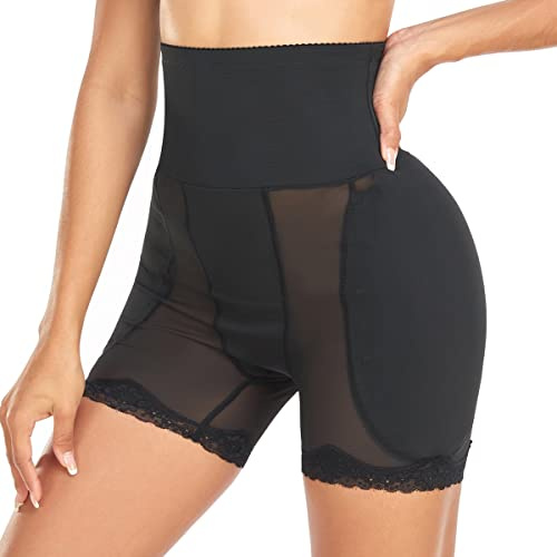 Derssity High Waisted Shapewear Padded Butt Lifter Tummy Control Knickers Hip Enhancer Lace Panties Shorts(HE,S) Black