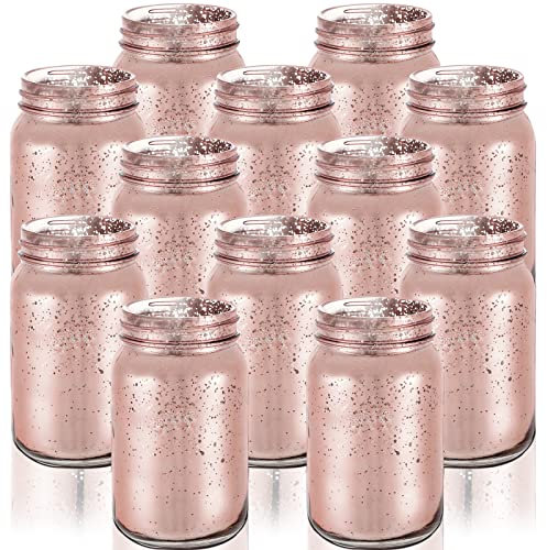 12 Pcs Decorative Mason Jars 16oz Painted Wide Mason Jars for Table Centerpiece DIY Home Decoration Birthday Housewarming Party Wedding Favor(Rose Gold)