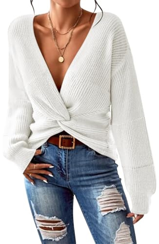 Pink Queen Women's 2025 Casual Pullover Sweaters Sexy Deep V Neck Long Lantern Sleeve Twist Knot Wrap Cropped Knit Sweater Tops White M