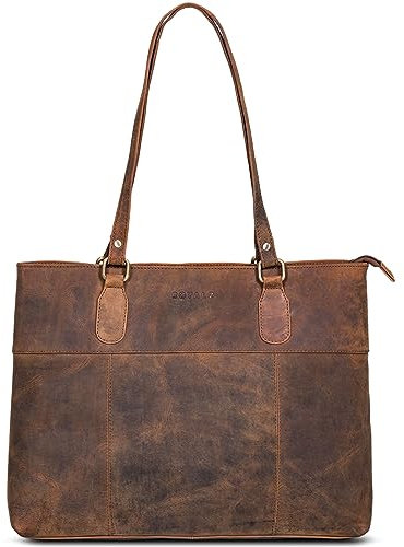 ROYALZ 'Augustine' Vintage Echtleder Handtasche Damen mittelgroß Leder Henkeltasche Schultertasche mit langen Henkeln, Farbe:Nevada braun