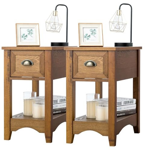 KOMFOTTEU Mesilla de Noche de Madera, Mesita Auxiliar con Estante Abierto y Cajón, Mueble Dormitorio con Patas de Madera de Caucho, Mesa Lateral Salón Vintage, 33 x 56 x 58,5 cm (2, Marrón)