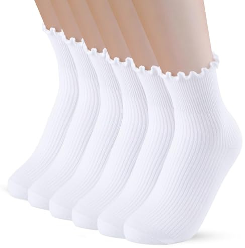 PRAOAHEI Rüschen Socken, Socken mit Rüschen Damen 6 Paar Crew Baumwolle | Crew/Mittelhoch Premium Baumwolle Atmungsaktive Gestrickt Weiche Ruffle Socks Rüschensöckchen Geschenke für Damen