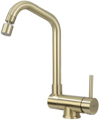 ONECE Vorfentermontage Küchenarmatur mit Brause, Klappbar Wasserhahn Küche mit drehbarer Luftsprudler, Vorfenster Armatur mit 360° drehbar, Falten Mischbatterie für Küche, Gebürstetes Gold