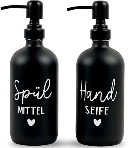 Glas Seifenspender 500ml - Schwarzer Pumpspender, Spülmittelspender für Küche. Handseifenspender für Badezimmer (Schwarz, Spülmittel + Handseife mit Metallspender)