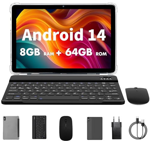 PRITOM 10 inch tablet, 8 GB, 64 GB ROM, 1024GB Expand, Android 14, 3-1 android tablets, Qcta core, WiFi 6, 6000 Mah, Tablet PC with Keyboard, Mouse, Case,Gray