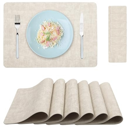 fanquare Platzsets und Untersetzer 6er Set PU Leder Tischsets Rechteckig Beige rutschfest Hitzebeständig Tischsets für Zuhause Essen Küche Restaurant Hotel 43x30cm