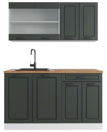 Vicco Küchenzeile R-Line, Anthrazit Landhaus, 140 cm | 4 Module · Höhenverstellbare Füße · AP Eiche inkl. · MDF-Fronten · Mit Glasschrank · Frei kombinierbar