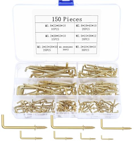 JinZeYou 150 Pcs Screw in Hooks, Metal L Shaped Square Heavy Duty Dresser Cup Ceiling Hooks for Indoor Outdoor Hanging Mug Cup Plants Lights, Gold
