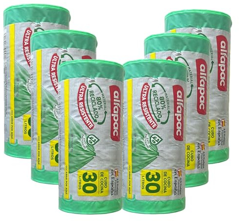 80% recycelt, 6 Rollen mit 15 Müllbeuteln (90 Beutel), antibakteriell, 55 x 60 cm, 30 l, selbstverschließend
