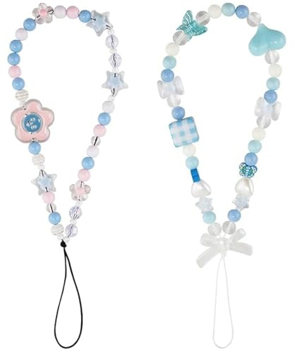 JYTDBCS Floral Beaded Phone Lanyards w/ Stars, Butterfly & Flower Torque - Blue Cellphone Wrist Straps for Girls
