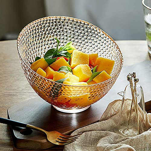 OQHAIR Bol à Fruits Martelé Coupe Inclinée, Bol de Service Domestique avec Bord Doré pour Fruits, Légumes, Collations, Desserts, Saladier en Cristal Clair, Grand Bol en Verre(Color:a)