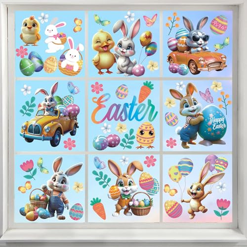 ANHUIB Fensterbilder Ostern Selbstklebend Fensterbild Frühling Ostern Fenstersticker Hase Ostereier Fensterfolie Deko Frühling Fenster Aufkleber Fensterdekoration Hasen Küken Ostereie