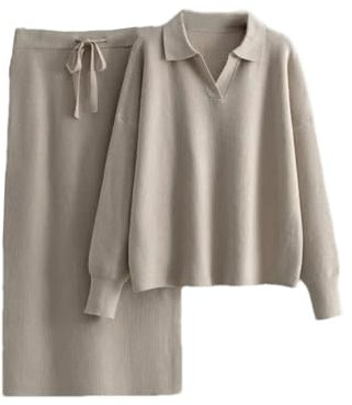 2-teiliges Strickset für Damen, langärmelig, Strickpullover + hohe Taille Röcke, beige, L