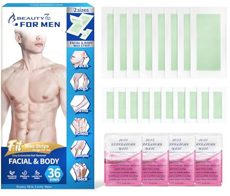 Strisce di Cera Depilatorie per Corpo Uomini Pronte All'uso, 36 Strisce di Cera Fredda e 4 Pezzi Salviette di Olio Calmante Post-Ceretta, per il Viso, Corpo Gambe Ascelle