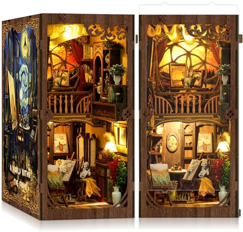 Bok Nook Kit för vuxna – CRIOLPO DIY miniatyr hus träpussel 3D dockhus – bokstöd för bokhylla dekoration med LED-ljus kreativ present till läsare