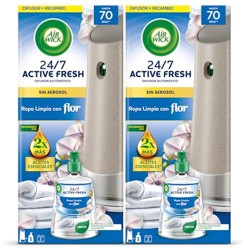 Air Wick Active Fresh Spray Automatico Sin Aerosol - Ambientador para casa con aroma a Ropa Limpia con Flor - 2 aparatos + 2 recambios