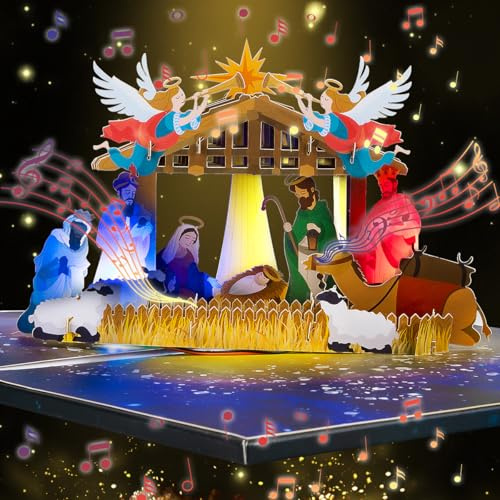 CNLITIHEKA Musikalische Weihnachtskarte mit Licht, Heilige Nacht, 3D Pop Up Weihnachtskarten mit Lichtern & Musik, für Männer, Frauen