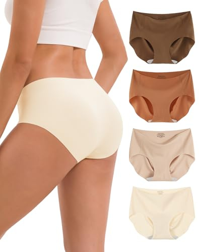 INNERSY Culotte sans Couture Femme Invisible sous-Vêtements Microfibre Culottes Hipster Lot de 4 (M, Marron/Beige/Jaune Citrouille/Beige Chaud)
