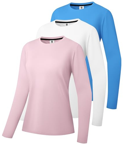 3er-Pack Damen Baumwoll Langarm T-Shirts Rundhalsausschnitt Feuchtigkeitstransportierende Shirts Bequeme Freizeit Oberteile Blau/Weiß/Rosa 06-XL