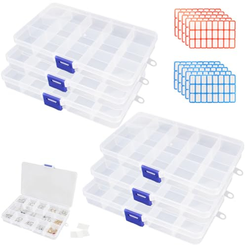 6 Stück Plastik Sortierbox Plastikschachtel, Aufbewahrungsbox Kleinteile | mit 15 Fächern, Sortierboxen für Kleinteile, Perlenbox, Transparenter Gitter Aufbewahrungs Box für Zubehör, Perlen, Schmuck
