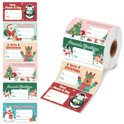 480 Stück Weihnachtsetiketten Aufkleber, Selbstklebende Weihnachtsetiketten 6 Designs 7 x 4 cm, Geschenkanhänger Aufkleber für Geschenke, Tüten, Umschläge