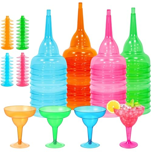 YOFAPA 48 Pcs Disposable Margarita Glasses, 12 oz Plastic Party Cocktail Cups, Tall Stemmed Martini Glasses, Cinco De Mayo Party Decorations, Ideal for Cocktails, Cold Drinks, 4 Colors