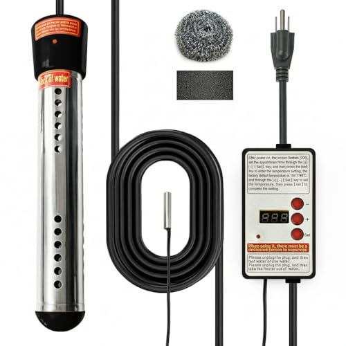 Adjustable Immersion Water Heater 1500W, Portable Stainless Steel Bucket Heater with Thermostat, Auto Shut-Off, Temperature Display, Safety Alarm, Fast Heating for Home, Bath, Camping, RV-Black