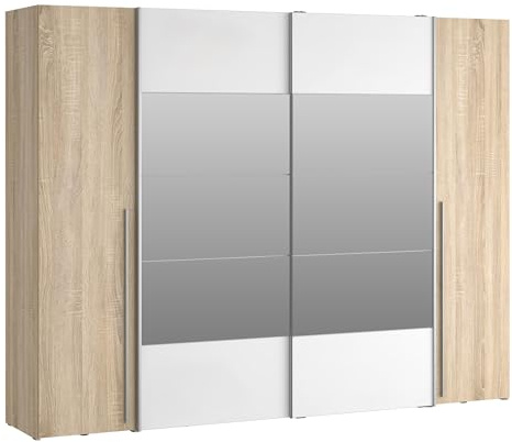 Forte NARAGO Kleiderschrank 270, moderner Dreh-/Schwebetürenschrank, 4-türig, Einlegeböden, Kleiderstangen, Holzwerkstoff, Sonoma Eiche Holzdekor/Weiß, 270,3 cm breit x 210,5 cm hoch x 61,2 cm tief