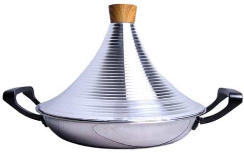 Stainless Steel Moroccan Tagine Cooking Pot with Handle and Cone-Shaped Lid Nonstick Cooking Tajine Pot Cooking Pot (Silver 26cm)