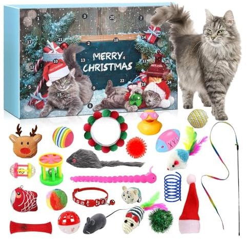 Katzen-Adventskalender 2025, 24 Tage Weihnachts-Countdown-Kalender mit interaktivem Spielzeug, Katzenminze-Mäuse, Federn & Halsbänder, Lustiges Xmas-Geschenk for Kätzchen & Katzenliebhaber