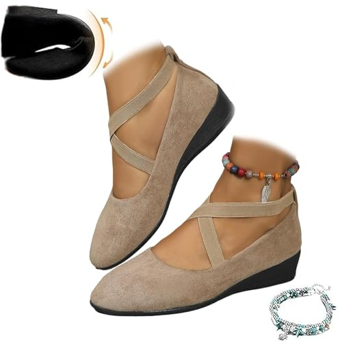 Zapatos cómodos de cuña con correa entrecruzada elástica para mujer, zapatos de vestir de cuña de ballet de punta redonda para mujer, zapatos de vestir elegantes de gamuza cómodos, Khaki, 38 EU