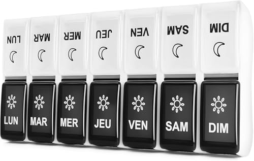 mossime Pilulier Semainier 7 Jours Matin Et Soir, 14 Compartiments | Amovible, Format Compact, 2 Prises Par Jour, Pour Comprimés, Vitamines, Huiles De Poisson Et Compléments (Noir-Blanc)