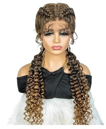JIANBOHAIRS Perruque tressée sans nœuds de 76 cm for femme, perruque synthétique noire à bordure en dentelle. for Thinning Hair(Light brown)