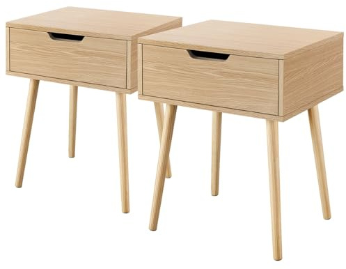 Yaheetech Set 2 Comodini da Camera da Letto in MDF Mobiletti con Cassetto 4 Gambe Comodino da Notte Mobiletto Moderno da Divano (Cassetto in Legno, Marrone Chiaro)