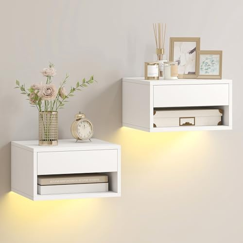 HOMCOM Juego de 2 Mesitas de Noche Flotantes con Luces LED RGB Control de App, Mesillas de Noche Dormitorio con Cajón, Estante Abierto, para Sala de Estar, 37x32x21 cm, Blanco